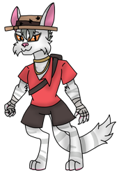 Size: 2099x3076 | Tagged: safe, artist:agdapl, imported from derpibooru, anthro, cat, digitigrade anthro, clothes, crossover, female, hat, rule 63, scotu, shorts, simple background, smiling, solo, species swap, team fortress 2, transparent background