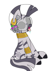 Size: 1600x2200 | Tagged: artist needed, safe, imported from ponybooru, zecora, zebra, drool, female, hypnogear, hypnosis, literal brain washing, quadrupedal, simple background, sitting, solo, tongue out, white background