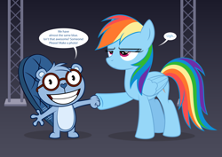 Size: 1378x974 | Tagged: safe, artist:culu-bluebeaver, imported from derpibooru, rainbow dash, oc, oc:culu, beaver, pegasus, pony, duo, fist bump, happy tree friends, hoofbump, non-mlp oc, rainbow dash is not amused, unamused