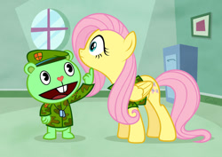 Size: 1096x775 | Tagged: safe, artist:culu-bluebeaver, imported from derpibooru, fluttershy, bear, pegasus, pony, background, clothes, flippy, happy tree friends, military, pointing, this will end in death