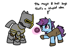 Size: 684x483 | Tagged: safe, artist:neuro, oc, oc only, pony, unicorn, armor, crusader, dialogue, duo, fantasy class, female, helmet, horn, knight, magic, magic 8 ball, mare, open mouth, paladin, pink eyes, raised hoof, simple background, telekinesis, unicorn oc, warrior, white background