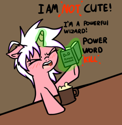 Size: 848x870 | Tagged: safe, artist:neuro, oc, oc only, pony, unicorn, alcohol, blatant lies, blushing, cute, dialogue, dungeons and dragons, female, floppy ears, horn, magic, mare, mug, open mouth, pen and paper rpg, raised hoof, rpg, solo, telekinesis, unicorn oc, yelling