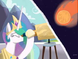 Size: 4032x3024 | Tagged: safe, artist:lordshrekzilla20, imported from derpibooru, princess celestia, fanfic:godzilla:clash of the titans, canterlot, fanfic art, meteor, telescope