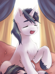 Size: 3604x4852 | Tagged: safe, artist:aquoquoo, imported from derpibooru, shining armor, pony, unicorn, chest fluff, couch, curtains, eyes closed, male, open mouth, solo, stallion