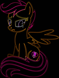 Size: 680x890 | Tagged: safe, artist:taeko, imported from derpibooru, scootaloo, pegasus, pony, fanfic:pegasus device, fanfic:rainbow factory, :c, absentia, black, black background, crying, evil, evil scootaloo, eviloo, eyelashes, fanfic art, female, female focus, folded wings, food, frown, glowing body, glowing outlines, guilty, implied scootabuse, light, looking at wings, mare, my little pony, neon, neon artstyle, neon outlines, no shading, older, older scootaloo, orange, pegasus device, pink, purple, purple eyes, rainbow factory worker, rainbow factory worker scootaloo, sad, scootaloo can't fly, scootaloo's cutie mark, simple background, sitting, solo, solo focus, white, wings
