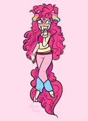 Size: 2934x4002 | Tagged: safe, artist:carconutty, imported from derpibooru, pinkie pie, human, alternate hairstyle, belt, blushing, bra, bracelet, clothes, crop top bra, cute, diapinkes, eared humanization, flats, freckles, grin, headcanon, humanized, jewelry, leg warmers, leggings, lgbt headcanon, nail polish, pansexual, pansexual pride flag, pink background, pride, pride flag, sexuality headcanon, shoes, simple background, smiling, solo, tailed humanization, underwear, wristband