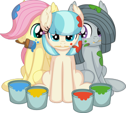 Size: 7612x6889 | Tagged: safe, artist:cyanlightning, imported from derpibooru, coco pommel, fluttershy, marble pie, earth pony, pegasus, pony, .svg available, absurd resolution, cocobetes, cute, ear fluff, female, filly, marblebetes, mouth hold, paint, paint bucket, paintbrush, shyabetes, simple background, sitting, the council of shy ponies, transparent background, trio, trio female, vector, weapons-grade cute, young, younger