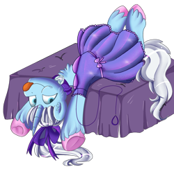 Size: 1824x1783 | Tagged: safe, artist:beashay, imported from derpibooru, oc, oc only, oc:crystal tundra, pony, unicorn, :p, clothes, collar, colored hooves, crossdressing, dress, femboy, fluffy, leash, lying down, male, on back, ribbon, solo, tongue out