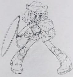 Size: 1092x1145 | Tagged: safe, artist:shadowhawx, artist:shadowhawx95, imported from derpibooru, applejack, equestria girls, belly button, boots, clothes, daisy dukes, front knot midriff, grin, lasso, midriff, pencil drawing, rope, shoes, shorts, smiling, solo, traditional art