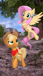 Size: 2160x3840 | Tagged: safe, artist:owlpirate, imported from derpibooru, applejack, fluttershy, earth pony, pegasus, pony, 3d, 4k, appleshy, female, flying, high res, lesbian, mare, shipping, source filmmaker