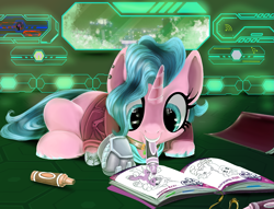 Size: 1567x1200 | Tagged: safe, artist:brainiac, imported from derpibooru, hitch trailblazer, izzy moonbow, oc, oc only, oc:candy chip, cyborg, pony, unicorn, the sunjackers, book, coloring book, cyberpunk, digital painting, female, g5, link in description, mare, scene interpretation, solo, time-lapse included, timelapse