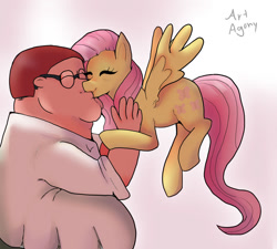 Size: 1280x1150 | Tagged: safe, artist:dailyagony, imported from derpibooru, fluttershy, human, pegasus, pony, crossover, crossover shipping, cursed image, downvote bait, every day we stray further from god's light, family guy, female, flying, god is dead, human male, human male on mare, human on pony action, interspecies, kiss on the lips, kissing, male, mare, only the dead can know peace from this evil, peter griffin, shipping, smiling, spread wings, straight, wat, why, wings