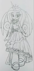 Size: 781x1602 | Tagged: safe, artist:shadowhawx, artist:shadowhawx95, imported from derpibooru, princess cadance, human, equestria girls, clothes, dress, humanized, lidded eyes, looking at you, pencil drawing, smiling, solo, spread wings, traditional art, winged humanization, wings