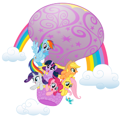 Size: 2048x2001 | Tagged: safe, imported from derpibooru, applejack, fluttershy, pinkie pie, rainbow dash, rarity, twilight sparkle, bird, earth pony, pegasus, pony, unicorn, cloud, high res, hot air balloon, mane six, palindrome get, rainbow, simple background, stock vector, transparent background, twinkling balloon