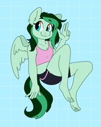 Size: 1627x2048 | Tagged: safe, artist:retromochi, imported from derpibooru, oc, oc:eden shallowleaf, anthro, pegasus, plantigrade anthro, barefoot, belly button, clothes, feet, peace sign, shorts, smiling, sports bra, sports outfit, sports shorts, toes