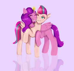 Size: 1280x1225 | Tagged: safe, artist:dailyagony, imported from derpibooru, pipp petals, zipp storm, pegasus, pony, adorapipp, adorazipp, cute, eyes closed, female, g5, grin, mare, reflection, royal sisters (g5), sibling love, siblings, sisterly love, sisters, smiling