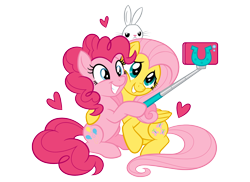 Size: 2048x1489 | Tagged: safe, imported from derpibooru, angel bunny, fluttershy, pinkie pie, earth pony, pegasus, pony, rabbit, animal, cellphone, cute, diapinkes, female, flutterpie, lesbian, official, phone, selfie, selfie stick, shipping, shyabetes, simple background, smartphone, stock vector, transparent background, why, why hasbro why