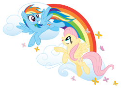 Size: 2048x1489 | Tagged: safe, imported from derpibooru, fluttershy, rainbow dash, butterfly, cloud, rainbow, simple background, stock vector, transparent background