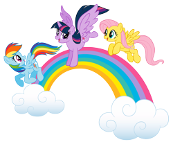 Size: 2048x1683 | Tagged: safe, imported from derpibooru, fluttershy, rainbow dash, twilight sparkle, alicorn, cloud, rainbow, simple background, stock vector, transparent background, twilight sparkle (alicorn)