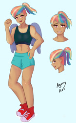 Size: 1280x2051 | Tagged: safe, artist:dailyagony, imported from derpibooru, rainbow dash, human, pegasus, belly button, clothes, converse, dark skin, humanized, looking at you, midriff, shoes, shorts, smiling, sneakers, solo, tanktop, winged humanization, wings