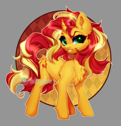 Size: 800x831 | Tagged: safe, artist:cabbage-arts, imported from derpibooru, imported from ponybooru, sunset shimmer, pony, unicorn, abstract background, butt fluff, cheek fluff, chest fluff, curved horn, ear fluff, ears, female, grin, horn, leg fluff, looking at you, mare, smiling, solo