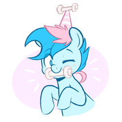 Size: 822x823 | Tagged: safe, artist:higgly-chan, imported from derpibooru, oc, oc only, oc:blue chewings, earth pony, pony, blushing, chew toy, cute, hat, looking at you, mouth hold, ocbetes, one eye closed, party hat, solo, wink