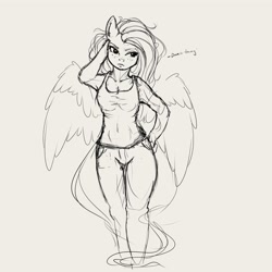 Size: 4000x4000 | Tagged: safe, artist:miokomata, imported from derpibooru, fluttershy, anthro, pegasus, absurd resolution, breasts, cleavage, female, freckles, freckleshy, gray background, grayscale, hand on hip, mare, monochrome, simple background, sketch, solo