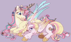 Size: 1280x753 | Tagged: safe, artist:universalheart, imported from derpibooru, fluttershy, oc, oc:angel, alicorn, pegasus, pony, alicornified, colt, female, fluttercorn, lying down, male, mare, mother and child, mother and son, offspring, parent:fluttershy, prone, purple background, race swap, simple background, unshorn fetlocks