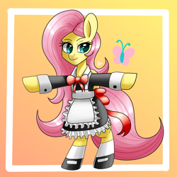 Size: 1200x1200 | Tagged: safe, artist:zachc, imported from derpibooru, fluttershy, pegasus, pony, apron, bipedal, bow, bowtie, clothes, cutie mark background, fluttermaid, gradient background, maid, shoes, socks, solo, stockings, t pose, thigh highs