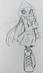 Size: 860x1453 | Tagged: safe, artist:shadowhawx, artist:shadowhawx95, imported from derpibooru, twilight sparkle, equestria girls, boots, clothes, grin, hat, pencil drawing, scarf, shoes, skirt, smiling, solo, traditional art, winter
