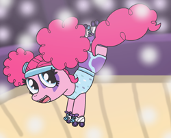 Size: 1280x1033 | Tagged: safe, artist:harmonybunny2021, imported from derpibooru, pinkie pie, earth pony, pony, scare master, clothes, costume, disco, female, lights, mare, nightmare night costume, pinkie puffs, roller disco, roller rink, roller skates, rollerblades, solo