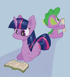 Size: 914x1008 | Tagged: safe, artist:dreamland7777, artist:memorizor, imported from derpibooru, spike, twilight sparkle, dragon, pony, unicorn, book, cute, duo, lying down, ponyloaf, prone, reading, scroll, spikabetes, unicorn twilight