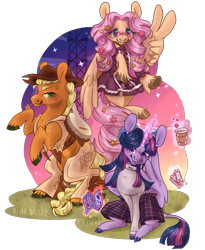 Size: 1676x2048 | Tagged: safe, artist:alabasterpeony, imported from derpibooru, applejack, fluttershy, twilight sparkle, alicorn, classical unicorn, earth pony, pegasus, pony, unicorn, banjo, clothes, cloven hooves, coffee, coffee cup, cup, dress, female, flower, flower in hair, glasses, leonine tail, mare, musical instrument, peace sign, rearing, simple background, skirt, straw in mouth, sweater, ticket, transparent background, trio, twilight sparkle (alicorn), unshorn fetlocks, vest, wing hands, wings