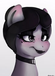 Size: 1632x2260 | Tagged: safe, artist:themimicartist, imported from derpibooru, oc, oc only, oc:mimic, earth pony, pony, choker, eyeshadow, freckles, goth, lidded eyes, lipstick, makeup, smiling, smirk, solo