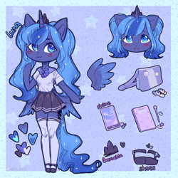 Size: 3000x3000 | Tagged: safe, artist:zefirka, imported from derpibooru, princess luna, alicorn, anthro, pony, semi-anthro, unguligrade anthro, bag, barrette, blouse, blushing, bow, clothes, cute, high res, hoof hands, hoof shoes, lunabetes, miniskirt, notebook, phone, pleated skirt, reference sheet, school uniform, schoolgirl, shoes, skirt, socks, solo, stockings, thigh highs, zettai ryouiki