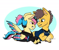 Size: 2065x1735 | Tagged: safe, artist:moccabliss, imported from derpibooru, oc, oc only, earth pony, pegasus, pony, clothes, colored wings, female, freckles, hoodie, looking at each other, lying down, mare, multicolored wings, prone, scar, wings
