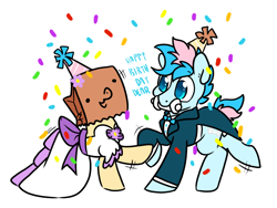 Size: 1230x926 | Tagged: safe, artist:paperbagpony, imported from derpibooru, oc, oc only, oc:blue chewings, oc:paper bag, chew toy, clothes, confetti, dancing, dress, happy birthday, hat, party hat, simple background, suit, white background