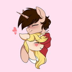 Size: 2200x2200 | Tagged: safe, artist:chickenbrony, artist:cottonaime, imported from derpibooru, oc, oc:broken string, pony, unicorn, blushing, couple, heart, high res, marco diaz, pink background, simple background, star butterfly, star vs the forces of evil