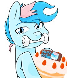 Size: 640x740 | Tagged: safe, artist:batipin, imported from derpibooru, oc, oc only, oc:blue chewings, pony, cake, chew toy, food, happy birthday, mouth hold, simple background, solo, strawberry, white background