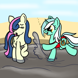 Size: 2000x2000 | Tagged: safe, artist:dafiltafish, imported from derpibooru, bon bon, lyra heartstrings, sweetie drops, earth pony, pony, unicorn, comic:day by day, beach, clothes, female, high res, lesbian, lyrabon, one-piece swimsuit, open-back swimsuit, shipping, splash, splashing, swimsuit