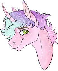 Size: 434x529 | Tagged: safe, artist:eperyton, imported from derpibooru, oc, oc only, pony, unicorn, bust, curved horn, freckles, green eyes, horn, simple background, smiling, unicorn oc, white background