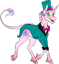 Size: 624x671 | Tagged: safe, artist:eperyton, imported from derpibooru, oc, oc only, pony, unicorn, bowtie, clothes, hat, horn, leonine tail, male, simple background, smiling, solo, stallion, top hat, unicorn oc, unshorn fetlocks, white background