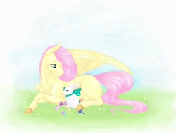 Size: 1440x1086 | Tagged: safe, artist:eperyton, imported from derpibooru, angel bunny, fluttershy, pegasus, pony, rabbit, animal, bow, duo, easter, easter egg, female, holiday, looking back, male, mare, missing cutie mark, wings