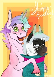 Size: 841x1200 | Tagged: safe, artist:eperyton, imported from derpibooru, oc, oc only, earth pony, pony, unicorn, abstract background, bunny out of the hat, bust, cloven hooves, duo, earth pony oc, glowing horn, happy easter, horn, magic, magic trick, male, smiling, stallion, telekinesis, unamused, unicorn oc, unshorn fetlocks