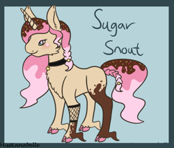 Size: 1750x1500 | Tagged: safe, artist:misskanabelle, imported from derpibooru, oc, oc only, oc:sugar snout, pony, unicorn, braided tail, chest fluff, choker, cloven hooves, female, horn, mare, smiling, unicorn oc
