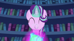 Size: 1280x720 | Tagged: safe, imported from derpibooru, screencap, starlight glimmer, pony, unicorn, every little thing she does, season 6, ^^, book, cute, eyes closed, glimmerbetes, magic, magic aura, smiling, solo, telekinesis, twilight's castle