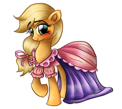 Size: 626x559 | Tagged: safe, artist:loveless-nights, imported from derpibooru, applejack, earth pony, pony, applejack also dresses in style, blushing, clothes, cute, dress, eyelashes, female, hatless, jackabetes, mare, missing accessory, raised hoof, simple background, solo, tomboy taming, transparent background