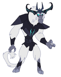 Size: 640x800 | Tagged: safe, imported from derpibooru, storm king, yeti, my little pony: the movie, antagonist, armor, claws, crown, eyebrows, fangs, frown, horns, jewelry, male, raised arm, regalia, simple background, solo, storm king's emblem, tail, trace, white background