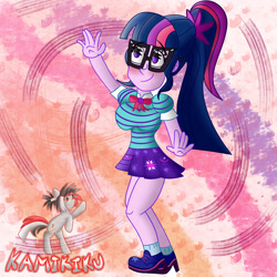 Size: 3000x3000 | Tagged: safe, artist:kamikiku, imported from derpibooru, sci-twi, twilight sparkle, equestria girls, equestria girls series, blushing, breasts, busty sci-twi, eyebrows, eyebrows visible through hair, high res, smiling, solo