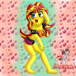 Size: 3000x3000 | Tagged: source needed, safe, artist:kamikiku, imported from derpibooru, sunset shimmer, equestria girls, equestria girls series, armband, barefoot, blushing, breasts, busty sunset shimmer, ear piercing, earring, eyebrows, eyebrows visible through hair, feet, high res, jewelry, open mouth, piercing, solo